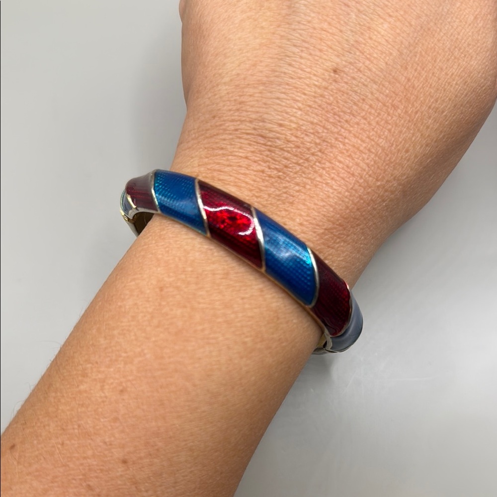 Vintage Gold Tone Red Blue Enamel Stripe Bangle Cuff Statement Bracelet